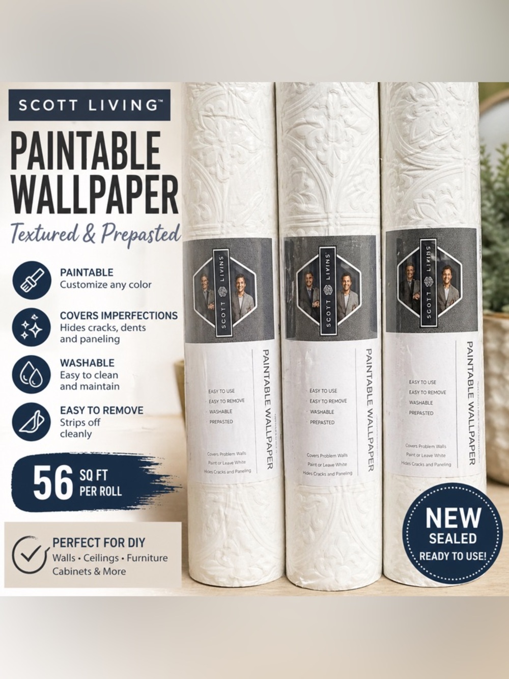 Scott Living Textured Paintable Wallpaper Roll 56 Sq Ft Washable